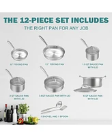 Sugift 12-Piece Tri-Ply Stainless Steel Cookware Sets with Premium Magnetic Stainless Exterior, Aluminum Core for Even Heat Distribution