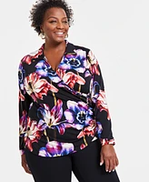 I.n.c. International Concepts Plus Printed Faux-Wrap Top, Created for Macy's