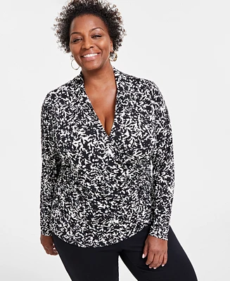 I.n.c. International Concepts Plus Printed Surplice Blouse, Created for Macy's