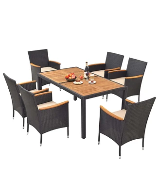 Costway 7 Pcs Outdoor Dining Set for 6 with Umbrella Hole Acacia Wood Tabletop Poolside