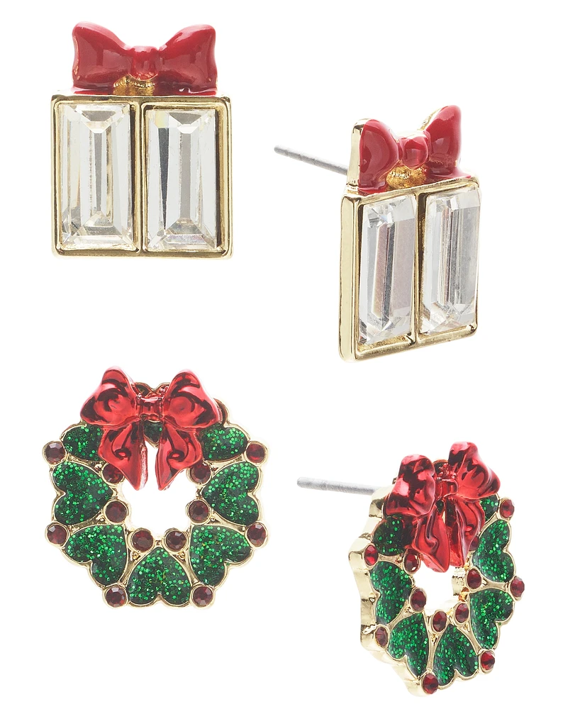 Holiday Lane Presents & Wreaths Crystal Stud Earrings Set, Created for Macy's