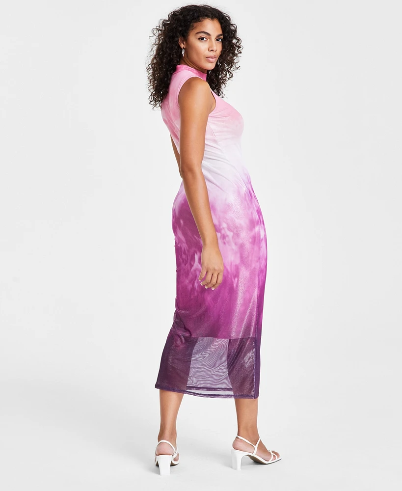 Bar Iii Women's Ombre Foil Mesh Mock Neck Midi Dress, Created for Macy's