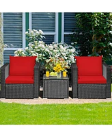 Sugift 3 Pieces Patio Wicker Conversation Set with Cushion-Red