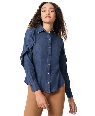 Jones New York Women's Ruffled-Sleeve Button-Down Collared Shirt