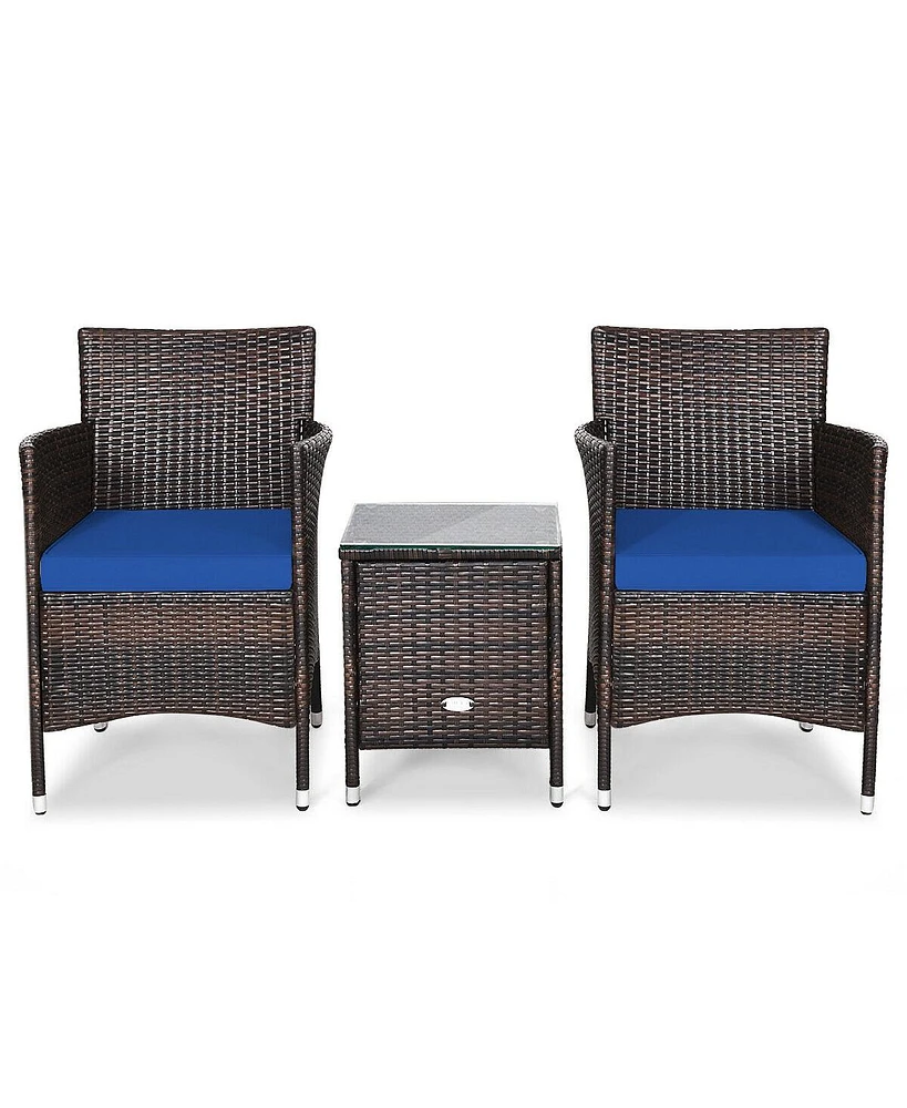 Sugift 3 Pieces Ergonomic Wicker Patio Conversation Set-Navy