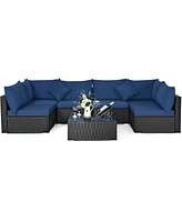 Sugift 7 Pieces Sectional Wicker Furniture Sofa Set with Tempered Glass Top-Navy