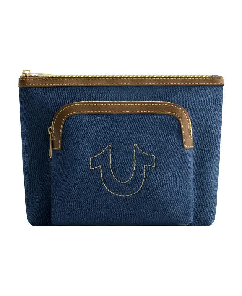 True Religion Trapazoid zip cosmetic bag with exterior zip pocket