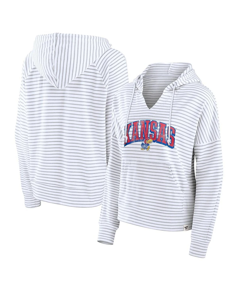 Fanatics Women's White/Gray Kansas Jayhawks Arch Logo Striped Notch Neck Pullover Hoodie