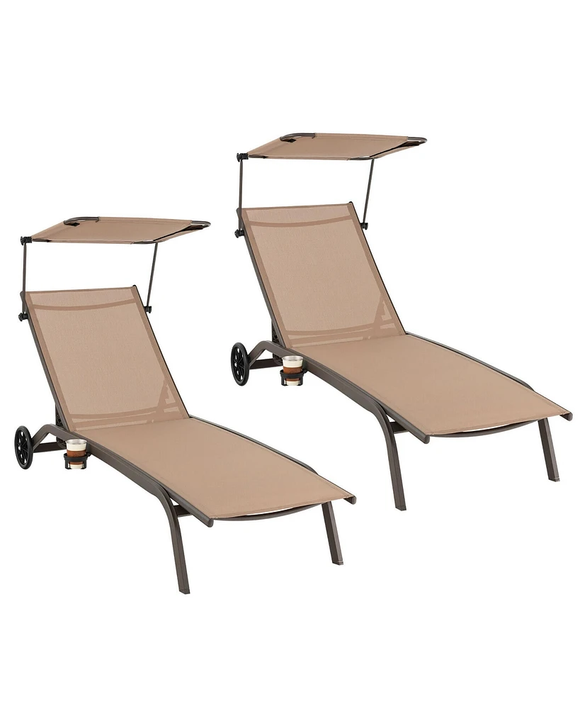 Gymax 2PCS Patio Chaise Lounge Chair Heavy-Duty Lounger Canopy Cup holder Wheeled 6-Level