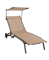 Gymax Patio Chaise Lounge Chair Heavy-Duty Lounger Canopy Cup holder Wheeled 6-Level