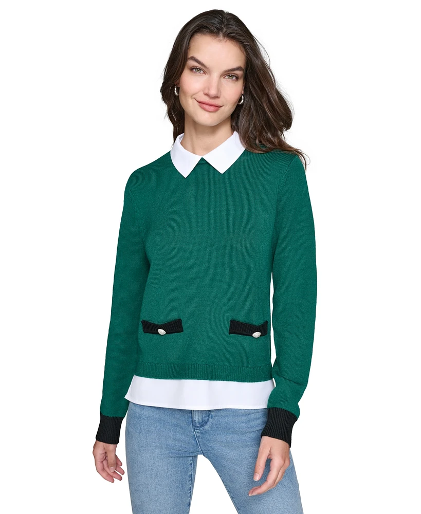 Karl Lagerfeld Paris Petite Layered-Look Shirt-Collar Sweater