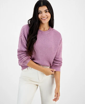 Ultra Flirt Juniors' Cotton Waffle-Knit Crewneck Sweater