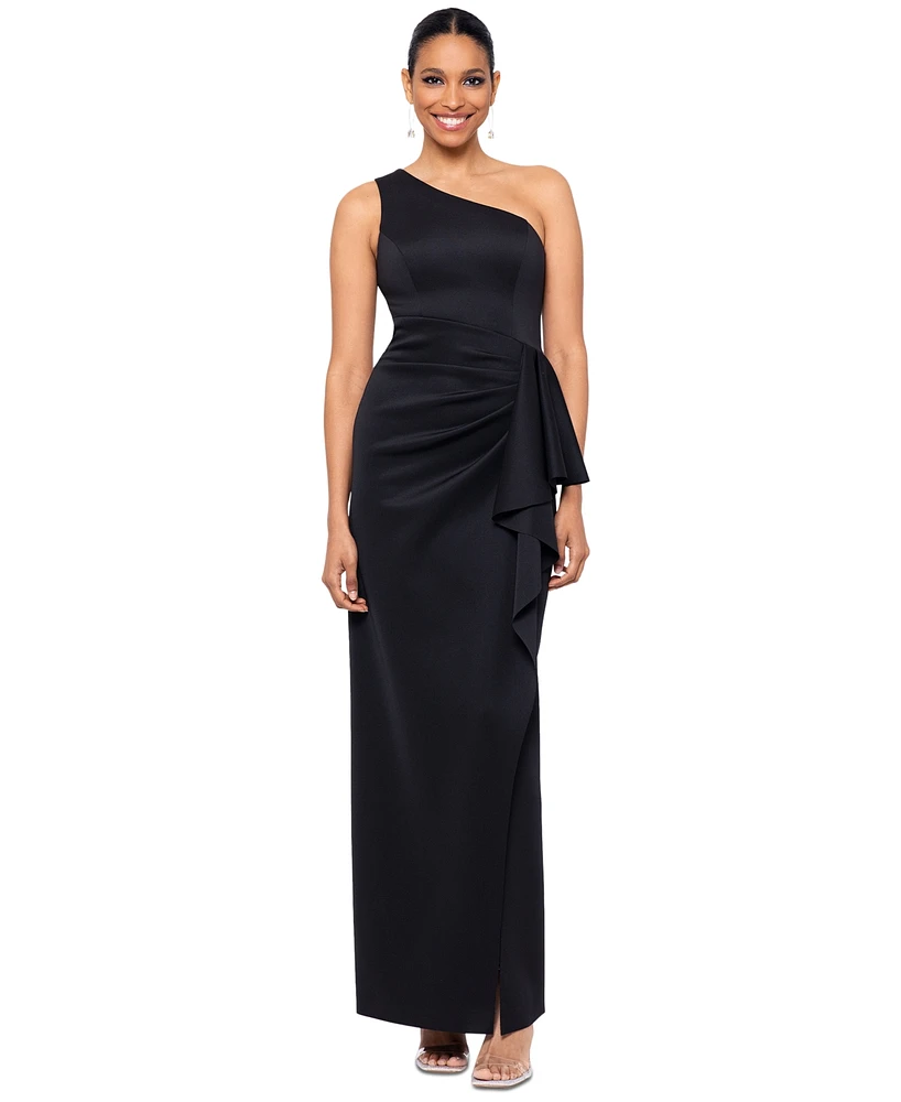 Xscape Women's One-Shoulder Ruffled Long Fit & Flare Dress