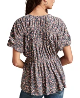 Lucky Brand Women's Printed Cotton Smocked Peplum Top