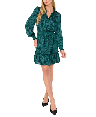 CeCe Women's Printed Tie-Neck Long-Sleeve Smocked-Waist Dress