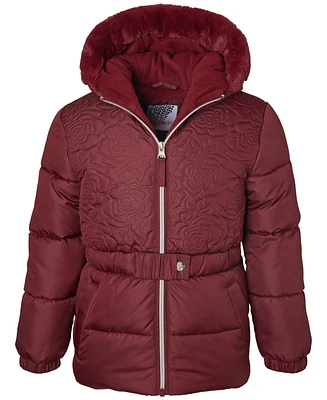 Kensie Girl Toddler & Little Girls Rose-Quilted Hooded Puffer Jacket with Faux-Fur Trim