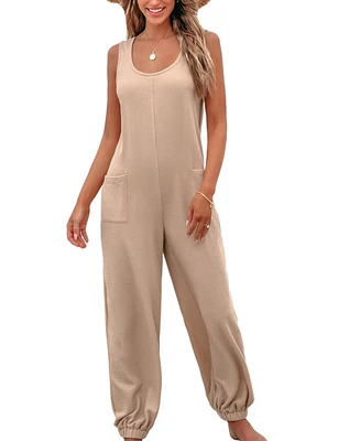 Cupshe Women's Beige Sleeveless Tapered Leg Pocket Jumpsuit