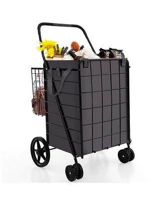 Slickblue Folding Rolling Shopping Cart with Waterproof Liner and Basket-Black
