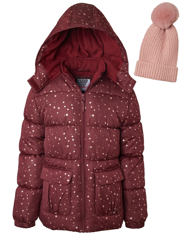 Kensie Girl Big Girls Metallic Star-Print Fleece-Lined Hooded Puffer Jacket with Ribbed-Knit Pom-Pom Beanie