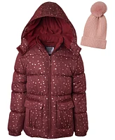 Kensie Girl Big Girls Metallic Star-Print Fleece-Lined Hooded Puffer Jacket with Ribbed-Knit Pom-Pom Beanie