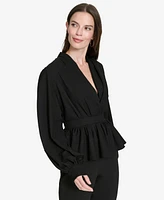 Halston Women's Tie-Waist Balloon-Sleeve Peplum Top