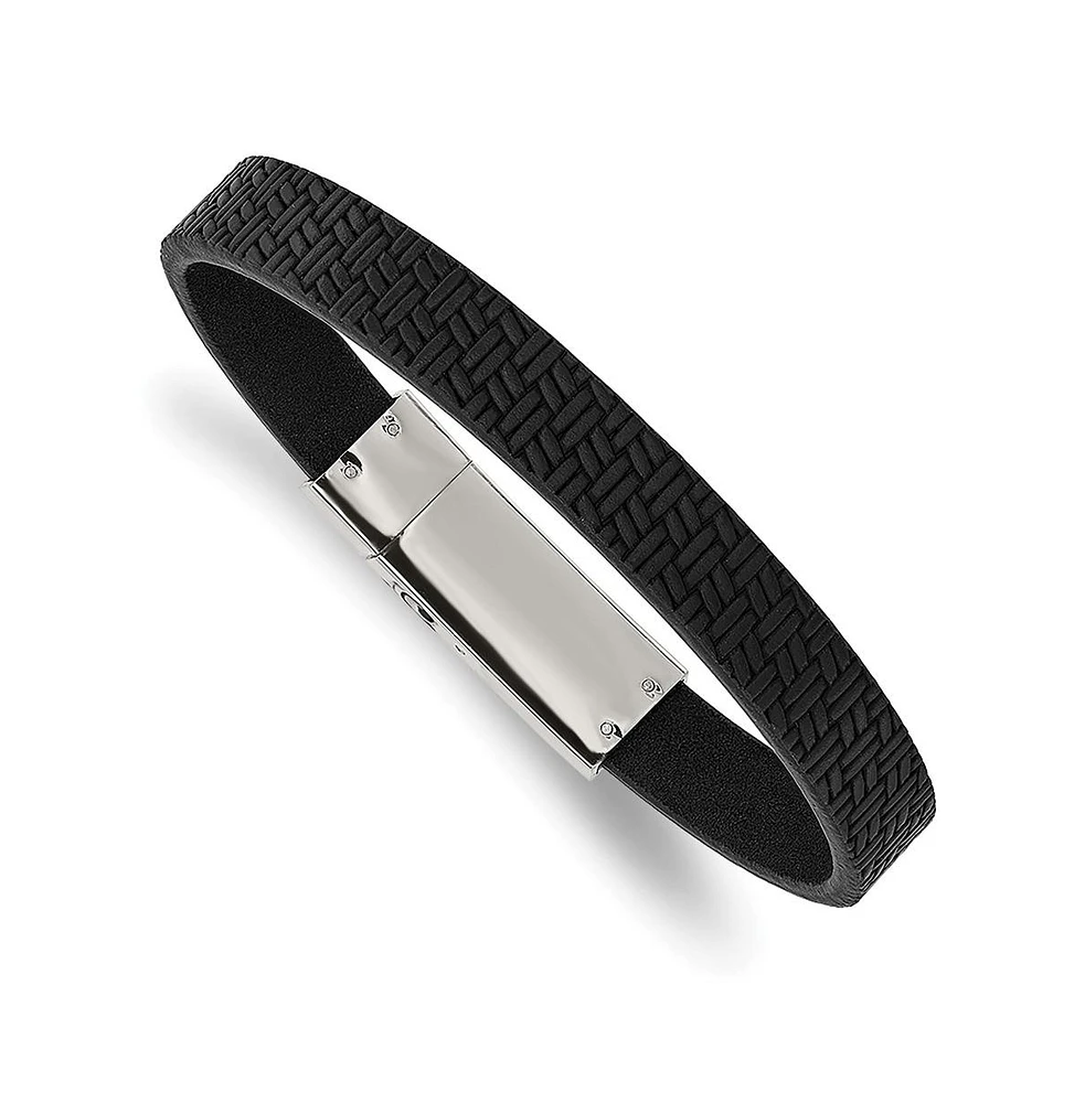 Chisel Stainless Steel Polished Textured Black Leather Bracelet