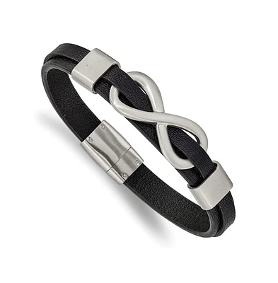 Chisel Stainless Steel Brushed Infinity Symbol Black Leather Bracelet