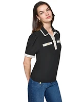 Karl Lagerfeld Paris Women's Tweed-Trim Polo Top