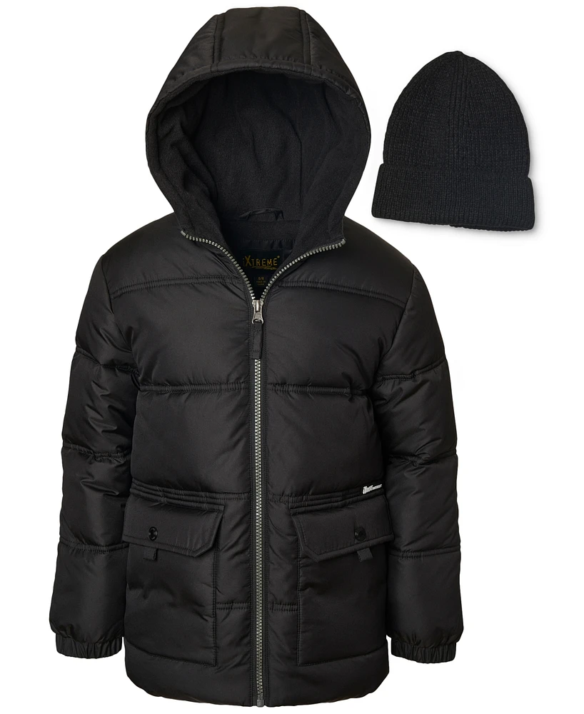 Ixtreme Big Boys Fleece-Lined Full-Zip Hooded Puffer Jacket with Ribbed-Knit Beanie