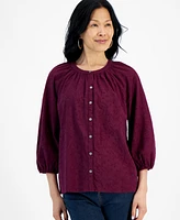 Style & Co Women's Floral Embroidered Button Peasant Top, Created for Macy's