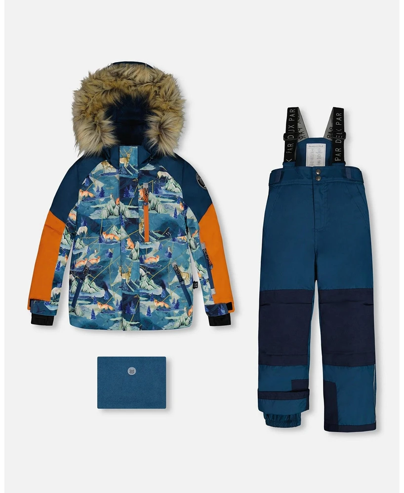 Deux par Big Boys Two Piece Snowsuit Majolica Blue Printed Glaciers