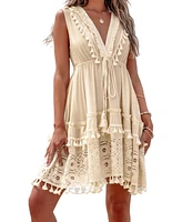 Cupshe Women's Plunging Tassel & Lace Sleeveless Mini Beach Dress