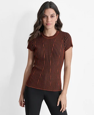 Dkny Women's Ribbed Two-Tone Short-Sleeve Sweater