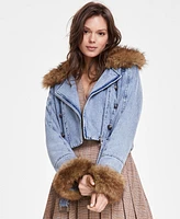 Avec Les Filles Women's Faux Fur Trim Denim Moto Jacket