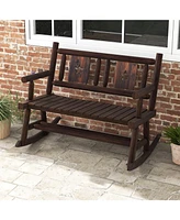 Costway 2 Pcs Patio Rocking Bench Carbonized Wood Double Rocker Chair with Ergonomic Seat