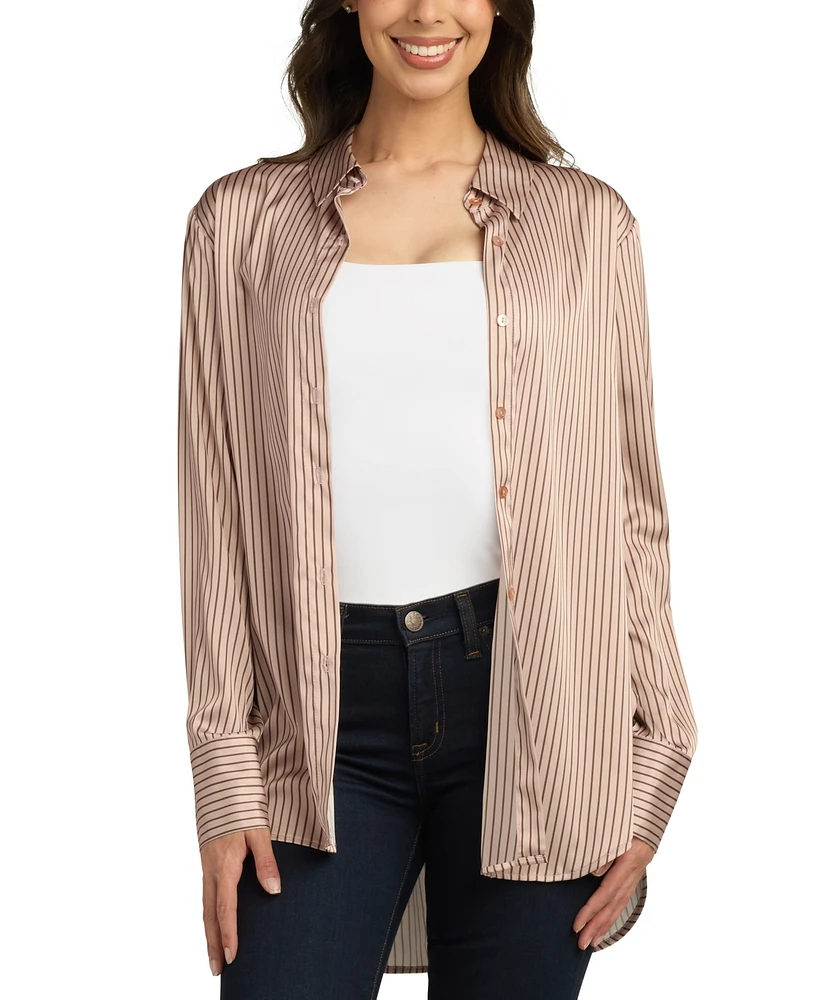 Bcx Juniors' Striped Satin Oversized Hi-Low Shirt