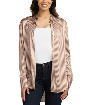 Bcx Juniors' Striped Satin Oversized Hi-Low Shirt