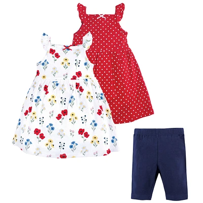 Hudson Baby Baby Girls Hudson Cotton Dresses and Leggings 3pc Set, Wildflower, 3-6 Months