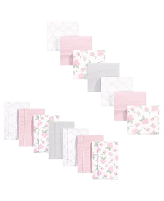 Hudson Baby Infant Girl Cotton Flannel Burp Cloths and Receiving Blankets Set, 14-Piece, Pink Rose, One Size