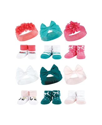 Hudson Baby Infant Girl 12Pc Headband and Socks Giftset, Teal Teal Pink