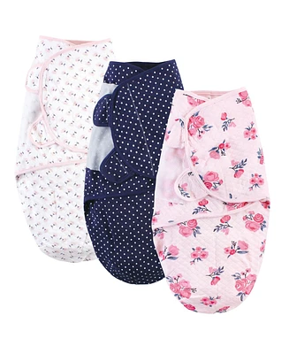 Hudson Baby Baby Girls Quilted Cotton Swaddle Wrap 3pk, Pink Navy Floral, 0-3 Months