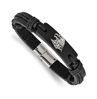 Chisel Stainless Steel Antiqued and Eagle Head Black Leather Bracelet