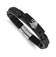 Chisel Stainless Steel Antiqued and Eagle Head Black Leather Bracelet