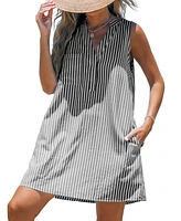 Cupshe Women's Blue & White Stripe Sleeveless V-Neck Mini Beach Dress