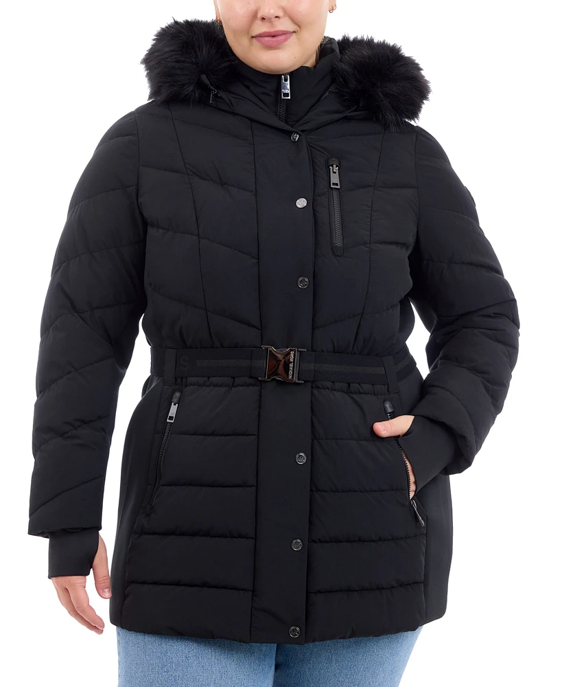 Michael Kors Plus Belted Faux-Fur-Trim Hooded Puffer Coat