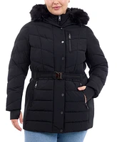 Michael Kors Plus Belted Faux-Fur-Trim Hooded Puffer Coat