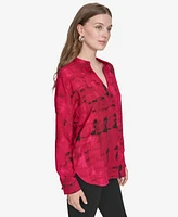 Halston Women's Printed Mandarin-Collar Button-Up Blouse