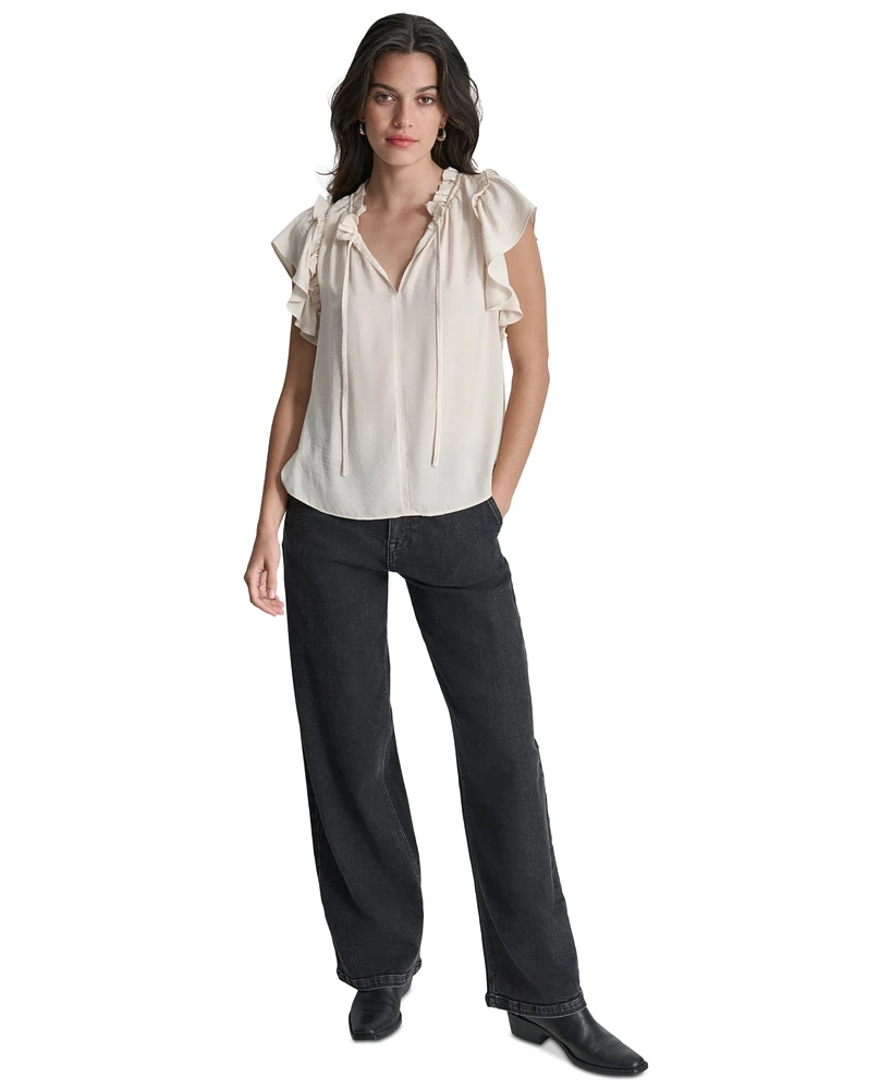 Dkny Jeans Women's Ruffle-Trim Split-Neck Top