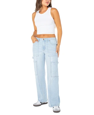 Juniors' Mid Rise Cargo Seamed Wide Leg Jean