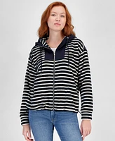 Nautica Jeans Women's Striped Hooded Zip-Up Sweatshirt